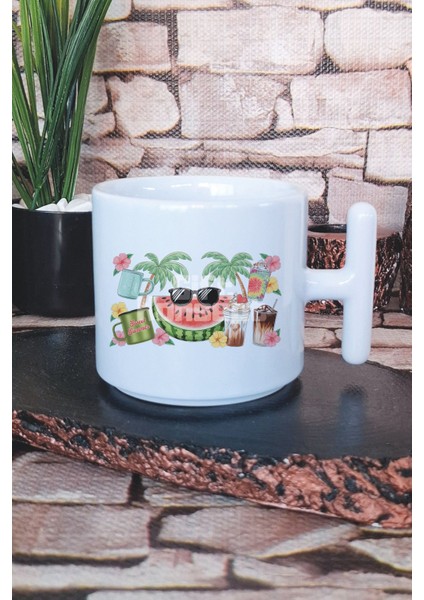 Hello Summer Baskılı T Kulplu Latte Fincanı Kupa Bardak