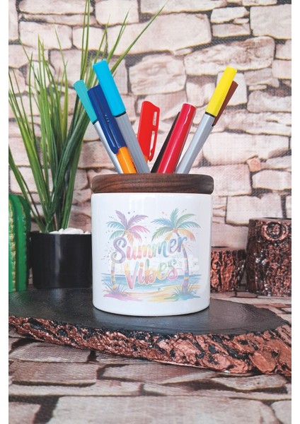 Summer Vibes Renkli Palmiyeler Baskılı Seramik Kalemlik Masaüstü Düzenleyici