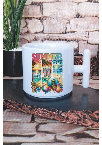 Summer Vibes Plaj Baskılı T Kulplu Latte Fincanı Kupa Bardak
