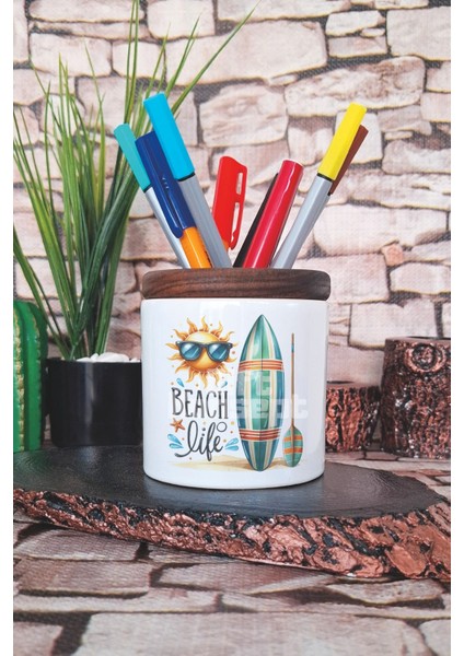 Beach Life Baskılı Seramik Kalemlik Masaüstü Düzenleyici