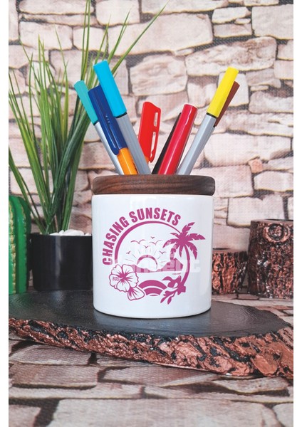 Chasing Sunsets Retro Baskılı Seramik Kalemlik Masaüstü Düzenleyici