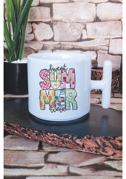 Sweet Summer Time Baskılı T Kulplu Latte Fincanı Kupa Bardak