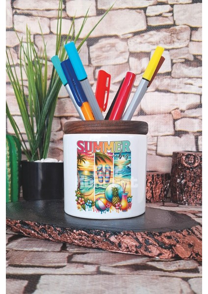 Summer Vibes Plaj Baskılı Seramik Kalemlik Masaüstü Düzenleyici