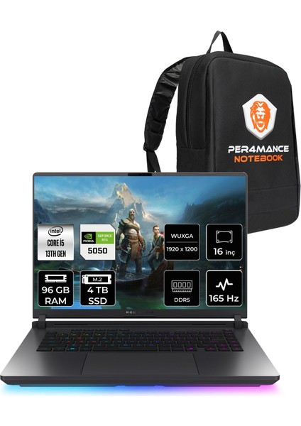 Rog Strix G16 Intel Core I5 13450HX 96GB 4tb SSD RTX5050/8GB 115W 16" Fhd+ 165Hz Freedos Taşınabilir Bilgisayar & Per4 Çanta G615JHRV053P340
