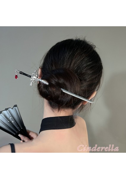 Yapay Elmaslı Kılıç Tasarım Metal Topuz Saç Tokası 20CM - Yeni Trend Boho Gotik Tarz Çubuk Toka