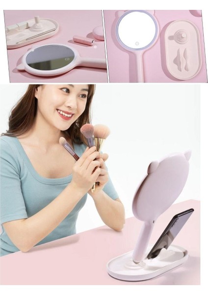 Kedi Kulaklı Telefon Standlı Yuvarlak Dokunmatik LED Ayarlı Masa Üstü Makyaj Ay - MRK1592-4444
