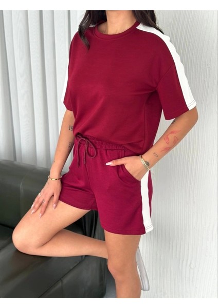 Osy Modal Yumuşak Dokulu Kumaş Parçalı Bisiklet Yaka T-Shirt Kısa Şort Ikili Takım - Bordo