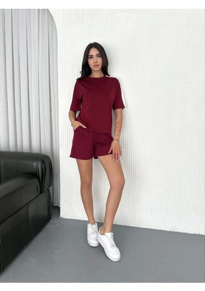 Osy Modal Yumuşak Dokulu Kumaş Parçalı Bisiklet Yaka T-Shirt Kısa Şort Ikili Takım - Bordo fırsatları