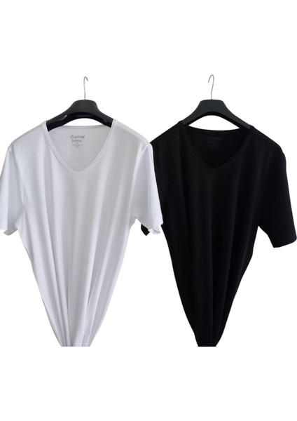 Tişört V Yaka 2'li Ekonomik Paket Pamuklu Cotton Modal Siyah-Beyaz Slim Fit Ekstra Esnek Unisex Yvsb1-1 fırsatları