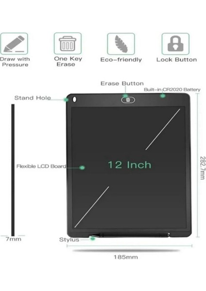 12 Inc Renkli LCD Grafik Dijital Kalemli Çizim Tableti Yazı Tahta Not Yazma Eğiti - MRK9698-5374