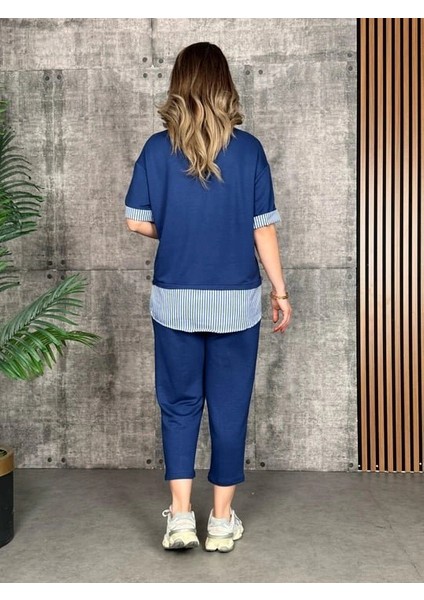 Kadın Modal Kumaş Çizgili Gömlek Yaka Ikili Takım modelleri