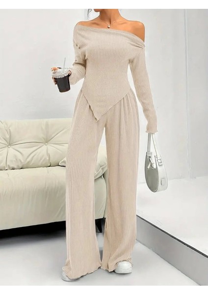 Kadın Uzun Kollu Omuzlardan Açık Asimetrik Kesim Kaşkorse Bluz ve Pantolon Ikili Pantolon indirimleri