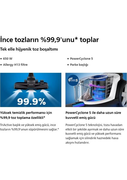 powerpro Citytoz Torbasız Süpürge Powercyclone5 Alergy H13 Filtre,1.5l Kapasite, FC9331/07 modelleri