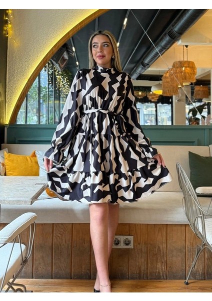 Kadın Uzun Kollu Yarı Balıkçı Yaka Geometrik Desen Kısa Şardonlu Dalgıç Elbise indirimleri