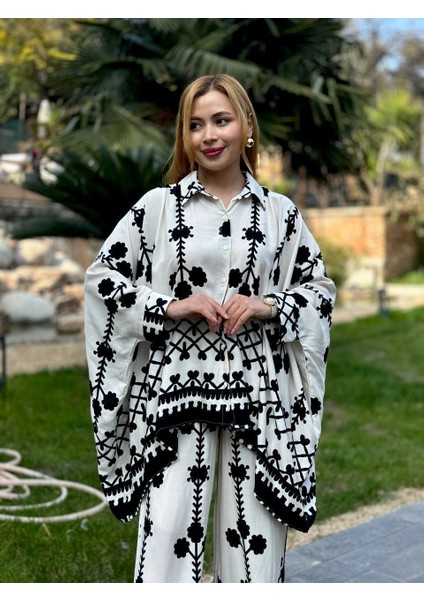 Etnik Desenli Oversize Salaş Takım - Gömlek & Pantolon 2'li Takım