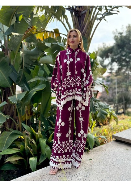 Etnik Desenli Oversize Salaş Takım - Gömlek & Pantolon 2'li Takım