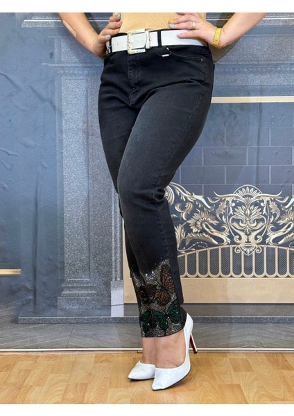 Abiye Kot Pantolon,düz,esnak, Taşli Işlemeli,yüksek Bel,jeans,siyah,fermuarlı,düğmeli,cepli