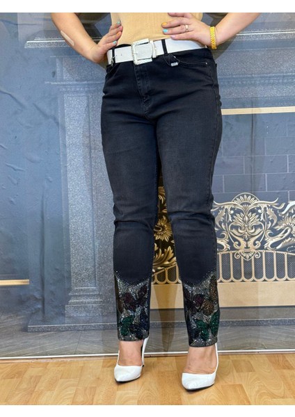 Abiye Kot Pantolon,düz,esnak, Taşli Işlemeli,yüksek Bel,jeans,siyah,fermuarlı,düğmeli,cepli