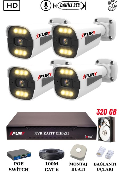 4 Kameralı Ip Güvenlik Kamerası Seti Sesli 4mp Gece Renkli Su Geçirmez 1506S 320GB