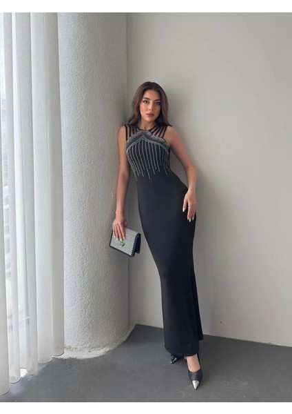 Kadın Omuz Çoklu Askılı Önü Taş Işlemeli Balık Kesim Janjan Krep Maxi Boy Elbise