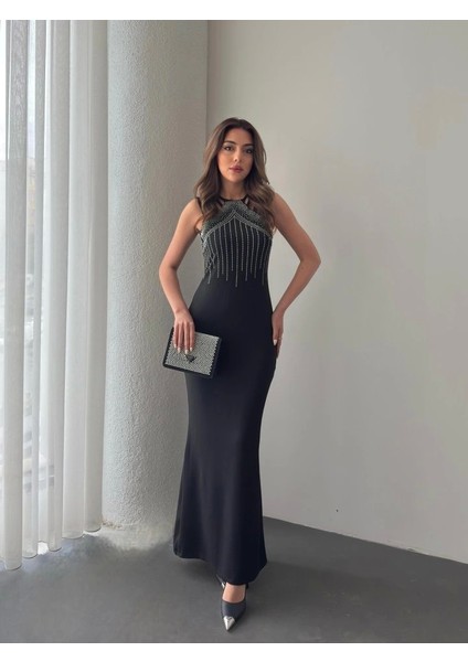 Kadın Omuz Çoklu Askılı Önü Taş Işlemeli Balık Kesim Janjan Krep Maxi Boy Elbise fırsatları