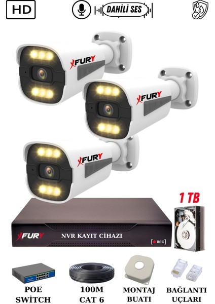 3 Kameralı Ip Güvenlik Kamerası Seti Sesli 4mp Gece Renkli Su Geçirmez 1506S 1tb