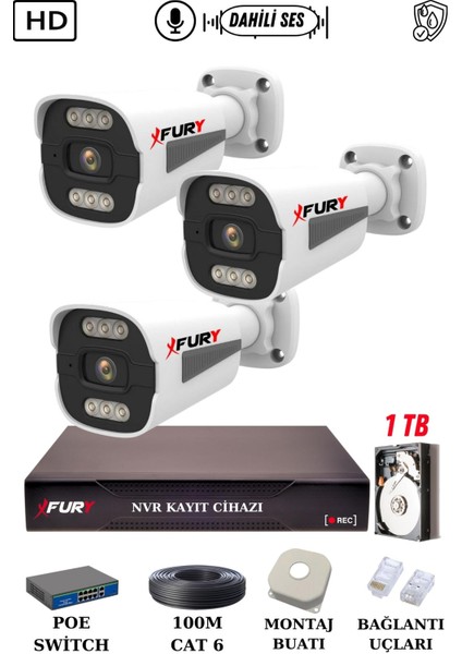 3 Kameralı Ip Güvenlik Kamerası Seti Sesli 4mp Gece Renkli Su Geçirmez 1506S 1tb fiyatları