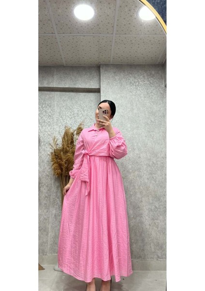 25Y3435 Elbise Gömlek Yaka Müslin Kumaş Yarım Düğmeli Yandan Bağlamalı - Vishne - 25Y3435 - Pembe - 42