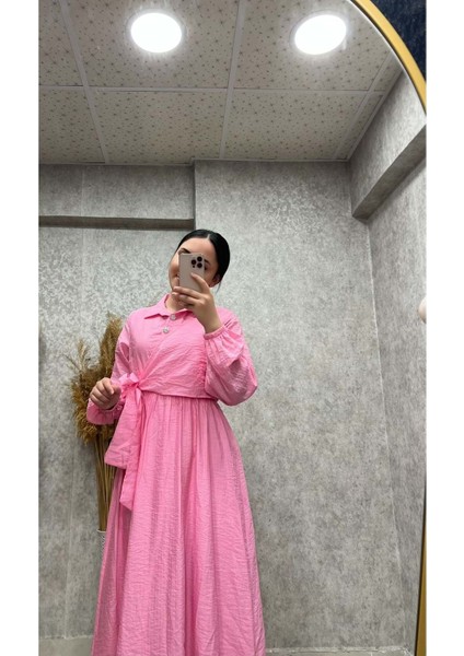 25Y3435 Elbise Gömlek Yaka Müslin Kumaş Yarım Düğmeli Yandan Bağlamalı - Vishne - 25Y3435 - Pembe - 42 fiyatları