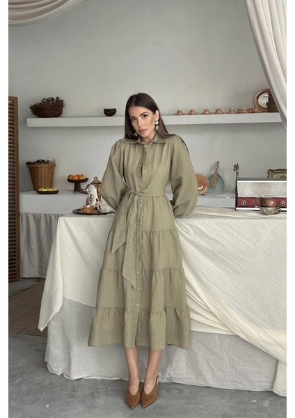 Çağla Çizgi Desenli Uzun Elbise fiyatları