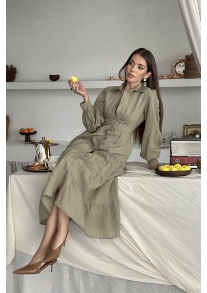 Çağla Çizgi Desenli Uzun Elbise fırsatları