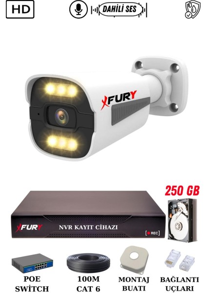 1 Kameralı Ip Güvenlik Kamerası Seti Sesli 4mp Gece Renkli Su Geçirmez 1506S 250GB