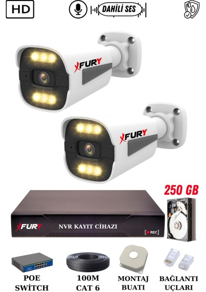 2 Kameralı Ip Güvenlik Kamerası Seti Sesli 4mp Gece Renkli Su Geçirmez 1506S 250GB