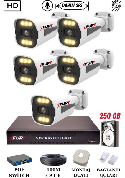 5 Kameralı Ip Güvenlik Kamerası Seti Sesli 4mp Gece Renkli Su Geçirmez 1506S 250GB