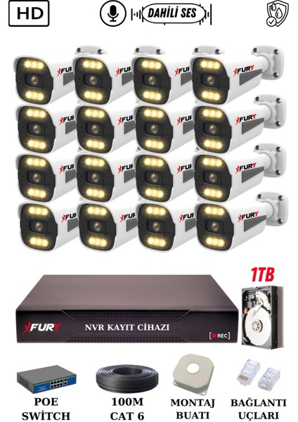 16 Kameralı Ip Güvenlik Kamerası Seti Sesli 4mp Gece Renkli Su Geçirmez 1506S 1tb