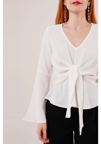 Ön Bağlamalı Volan Kol Beyaz Bluz modelleri