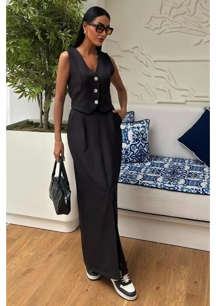 Etek Yırtmaçlı Yelekli Keten Takım 10131