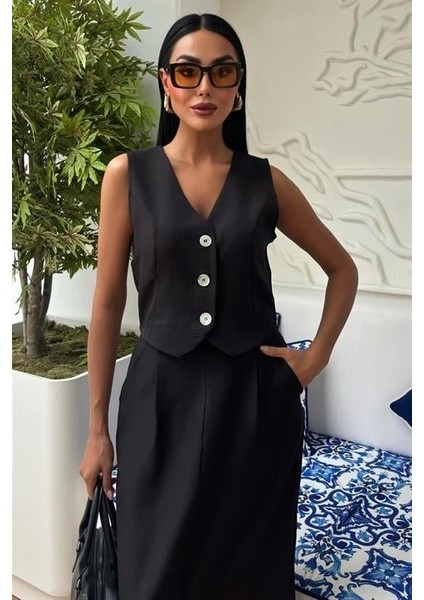 Etek Yırtmaçlı Yelekli Keten Takım 10131 fiyatları