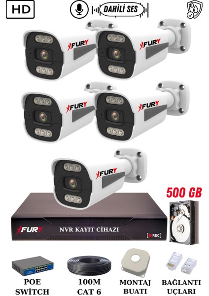 5 Kameralı Ip Güvenlik Kamerası Seti Sesli 4mp Gece Renkli Su Geçirmez 1506S 500GB fiyatları