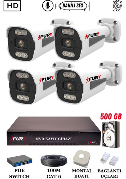 4 Kameralı Ip Güvenlik Kamerası Seti Sesli 4mp Gece Renkli Su Geçirmez 1506S 500GB fiyatları