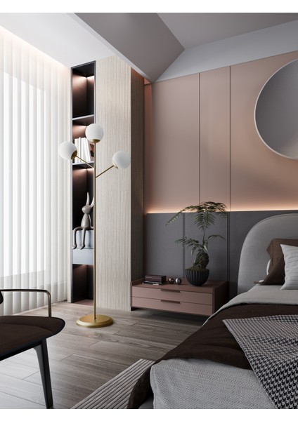 Loreva 3'lü Beyaz Cam Küre Lambader - Eskitme Metal Gövdeli Modern Yer Lambası