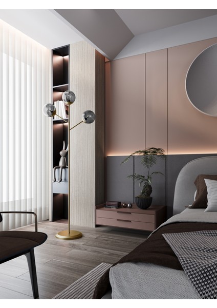 Loreva 3'lü Füme Cam Küre Lambader - Eskitme Metal Gövdeli Modern Yer Lambası