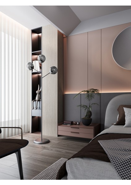 Loreva 3'lü Füme Cam Küre Lambader - Siyah Metal Gövdeli Modern Yer Lambası