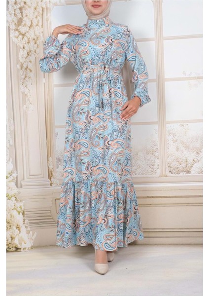 25Y61340 Elbise Viskon Kumaş Desenli Eteği Fırfırlı Hakim Yaka - Rita - 25Y61340 - Mavi - 1 fiyatları