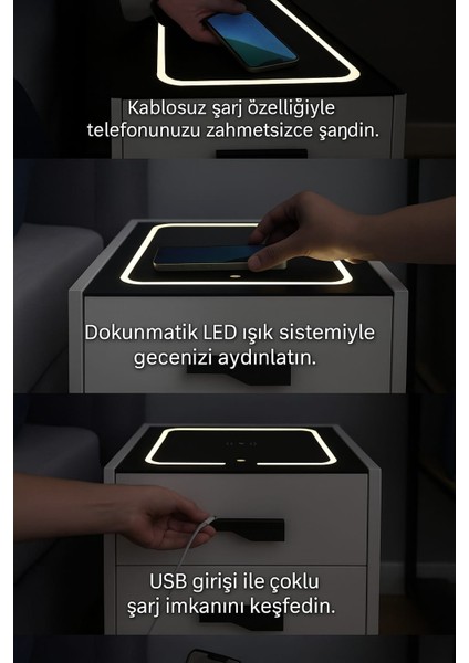 Diamond Beyaz Ledli Şarj Üniteli ve Bluetooth Hoparlörlü Komodin