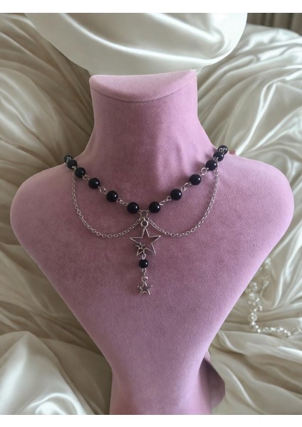 Dark Star Y2K Coquette Handmade Siyah Inci Kadın Yıldız Kolye