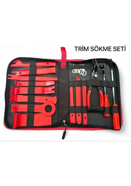 Çantalı 19 Parça Araç Teyp Trim Sökme Aparatı Radyo Döşeme Kapı Motor Kapağı Sökme Kırmızı Renk