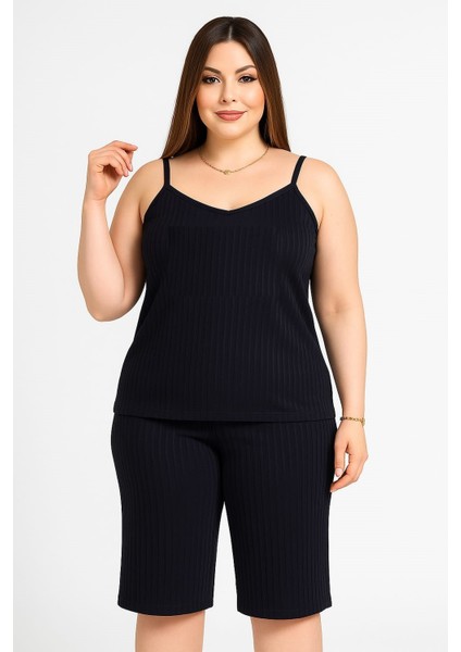 Kadın Büyük Beden Ip Askılı Bluz ve Kapri Alt Üst Pijama Takımı