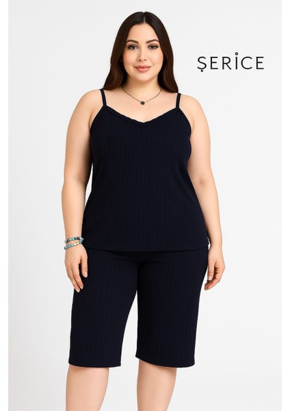Kadın Büyük Beden Ip Askılı Bluz ve Kapri Alt Üst Pijama Takımı