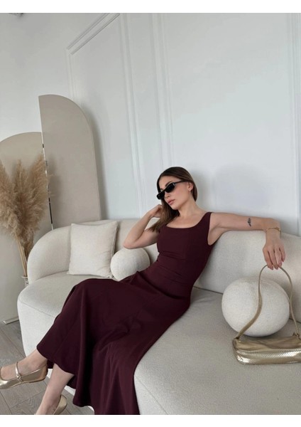 Sırt Dekolteli Kolsuz Uzun Elbise - Mürdüm